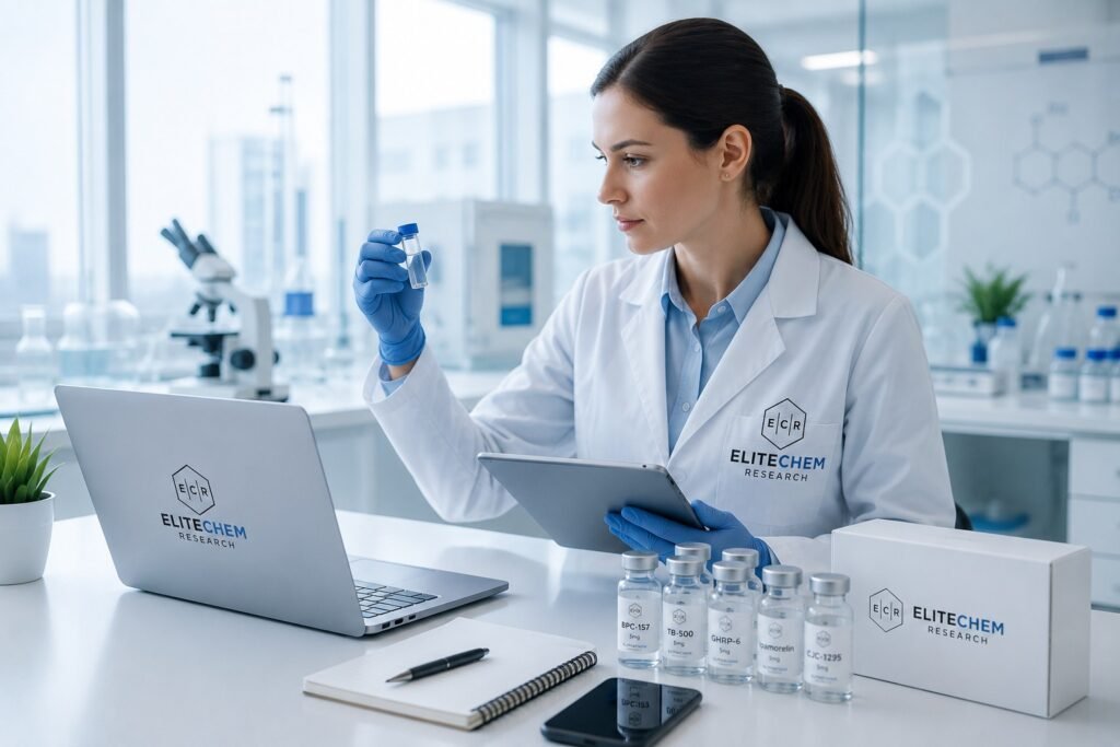 Researcher in a laboratory examining an EliteChem Research peptide vial, with labelled vials and packaging on the bench